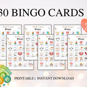 May include: Printable self-care bingo cards with 30 different cards. Each card has a 5x5 grid with images and text related to self-care activities. The cards are designed with a pink and white color scheme and feature a pink heart with the words "Self Care" in white.