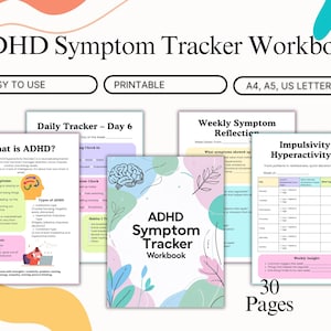 Puede incluir: Cuaderno de seguimiento de síntomas de TDAH con el texto "Fácil de usar" e "Imprimible". El cuaderno incluye páginas para el seguimiento diario y semanal, y un registro de impulsividad e hiperactividad. La portada presenta un gráfico de cerebro y elementos florales.