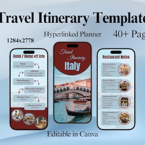 May include: A digital travel itinerary template displayed on three smartphones. The template includes sections for hotel information, restaurant notes, and a travel itinerary for Italy. The text "Travel Itinerary Template" and "Hyperlinked Planner" are visible.