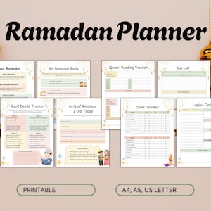 May include: Printable Ramadan planner with colorful illustrations of people and stars. The planner includes sections for tracking good deeds, acts of kindness, Quran reading, dhikr, and a due list. The planner is available in A4, A5, and US Letter sizes.