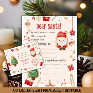 Carta a Papá Noel con sobre, lista de deseos navideños, carta navideña para niños, carta imprimible a Papá Noel, plantilla editable