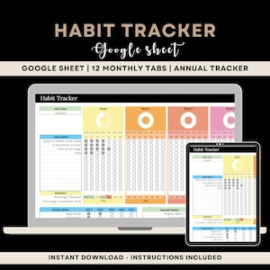 Puede incluir: Un rastreador de hábitos digital que se muestra en una computadora portátil y una tableta. El diseño presenta un diseño colorido con secciones para el seguimiento diario, semanal y mensual. El texto incluye "Habit Tracker" y "Google Sheet".
