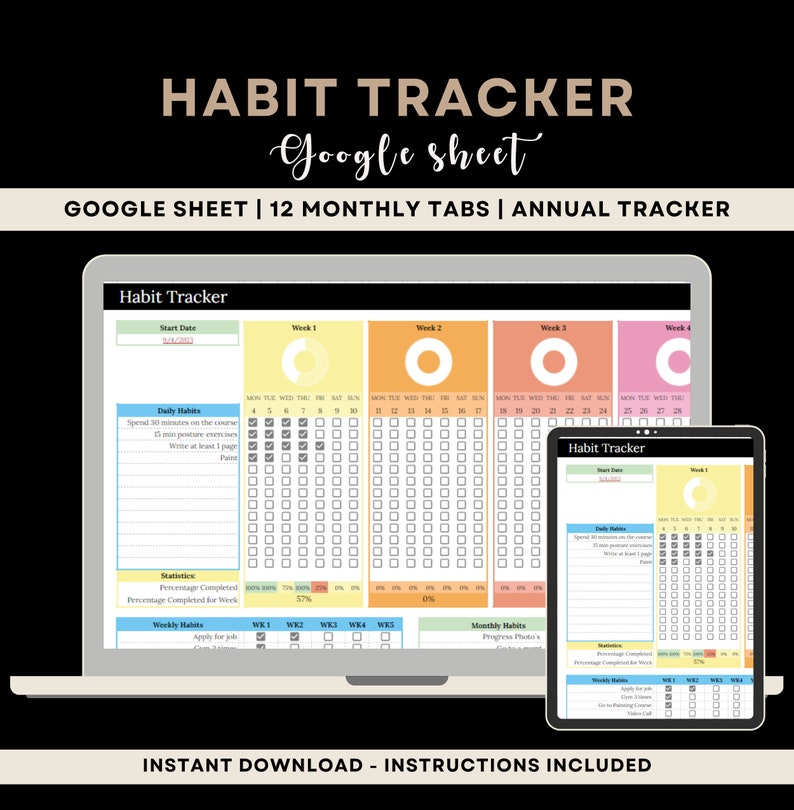 Habit Tracker Spreadsheet Google Sheet Excel Template Daily Weekly ...