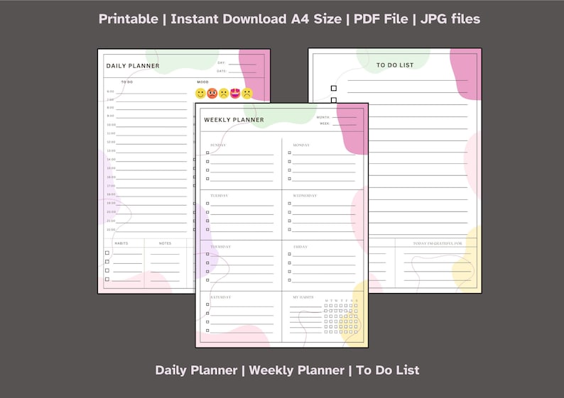 Op de afbeelding: Printbare dagelijkse, wekelijkse en to-do-lijst plannerpagina's met pastelroze, groene en gele abstracte vormen. De dagelijkse planner heeft een tijdvakkolom van 7:00 uur tot 21:00 uur, een gewoontekolom en een notitiekolom. De weekplanner heeft een kolom voor elke dag van de week, met ruimte voor notities en taken. De to-do-lijst heeft een sectie voor drie prioriteiten voor de dag.