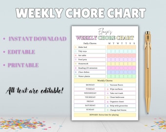 Editable Weekly Chore Chart for Kids, daily routine chart for kids , Weekly Responsibility Chart, Printable checklist, Chore Chart Template