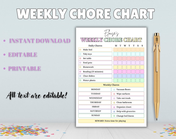 Editable Chore Chart for Kids | Printable | Kids Daily Weekly ...