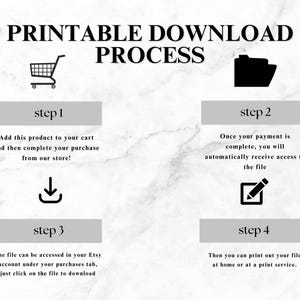 May include: A graphic illustrating the printable download process. The image shows a shopping cart, a folder, a downward arrow, and a pencil with a checkmark. Text explains the steps: adding to cart, accessing the file, and printing.