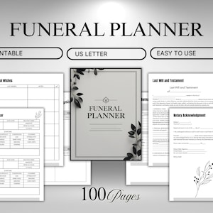 May include: A funeral planner with the title "FUNERAL PLANNER" at the top. The planner includes sections for final wishes, food allergy tracking, and a last will and testament. The planner is printable, US letter size, and easy to use. It has 100 pages.