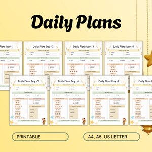 May include: Printable daily planner pages with a gold and yellow color scheme. The pages are labeled "Daily Plans Day -1" through "Daily Plans Day -8".