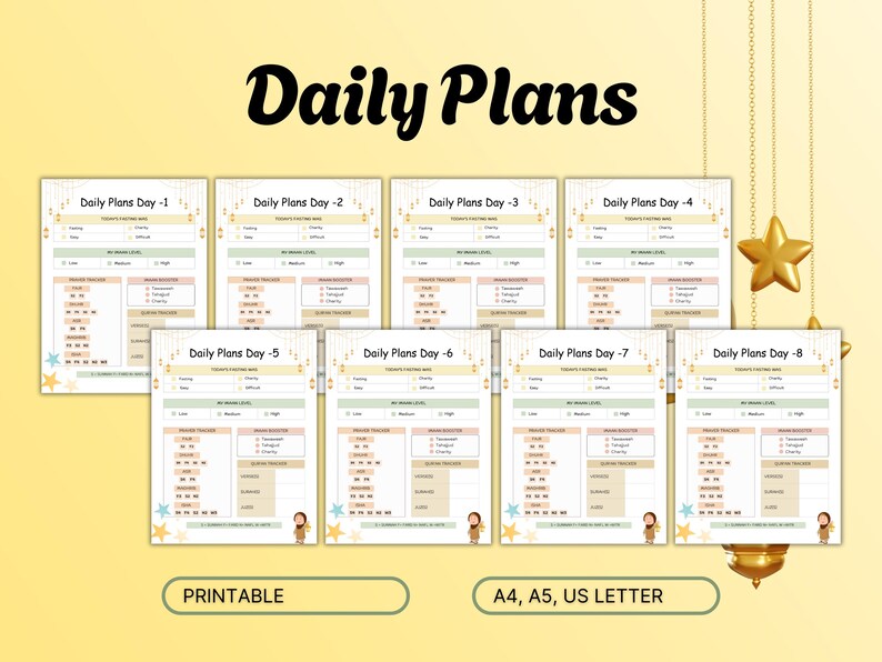 May include: Printable daily planner pages with a gold and yellow color scheme. The pages are labeled "Daily Plans Day -1" through "Daily Plans Day -8".