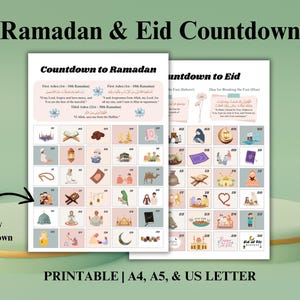Aftelkalender voor Ramadan en Eid met dua voor eerste, tweede en derde ASHRA, dua voor suhoor en iftar, goede daad Ramadan, adventskalender Eid