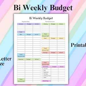 May include: A printable bi-weekly budget planner on US Letter size paper. The document features sections for income, expenses, savings, and debt, with columns for budget and actual amounts. The title "Bi Weekly Budget" is at the top.
