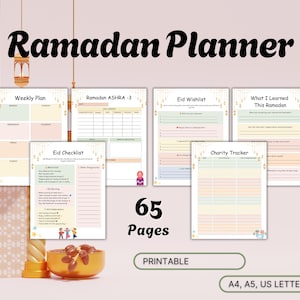 May include: Printable Ramadan planner with 65 pages. The planner includes sections for weekly plans, Ramadan Ashra-3, Eid wishlist, what I learned this Ramadan, Eid checklist, and charity tracker. The planner is available in A4, A5, and US letter sizes.