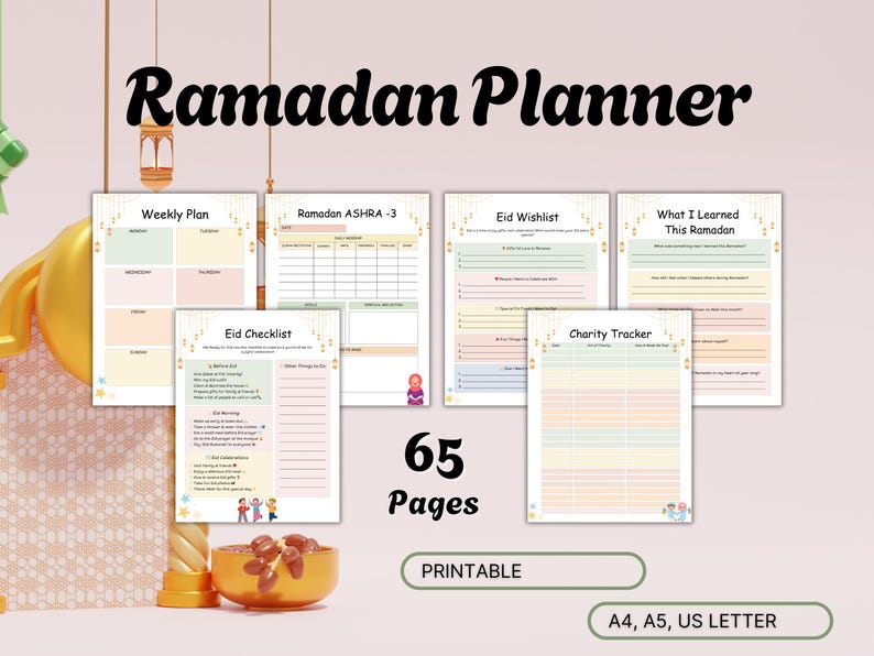 May include: Printable Ramadan planner with 65 pages. The planner includes sections for weekly plans, Ramadan Ashra-3, Eid wishlist, what I learned this Ramadan, Eid checklist, and charity tracker. The planner is available in A4, A5, and US letter sizes.