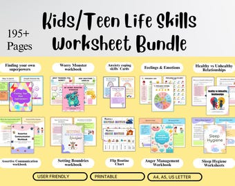 Bundel levensvaardigheden voor kinderen en tieners | 195+ pagina's | Emotionele regulatie, omgaan met angst, werkbladen therapie | Geestelijke gezondheidsactiviteiten