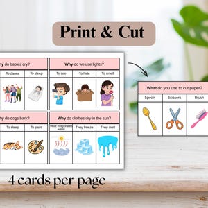 Puede incluir: Tarjetas did&aacute;cticas con el texto "Print & Cut" y "4 tarjetas por p&aacute;gina". Las tarjetas cubren temas como por qu&eacute; lloran los beb&eacute;s, por qu&eacute; usamos luces, por qu&eacute; ladran los perros y por qu&eacute; la ropa se seca al sol. Incluye im&aacute;genes y texto.