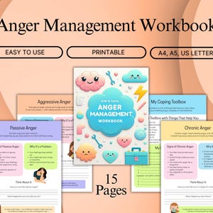 Anger Management Workbook for Kids & Teens, Printable Emotional Regulation therapy Worksheets, Self-control Coping Skills for Children