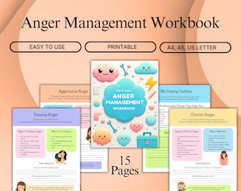 Anger Management Workbook for Kids & Teens, Printable Emotional Regulation therapy Worksheets, Self-control Coping Skills for Children