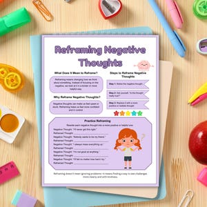 May include: A printable worksheet with a purple background and a cartoon girl. The worksheet is titled "Reframing Negative Thoughts" and includes sections on what reframing means, why reframe negative thoughts, steps to reframe negative thoughts, and practice reframing. The worksheet includes a list of negative thoughts and corresponding reframed thoughts.