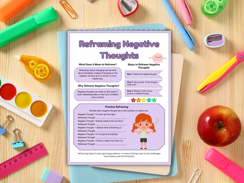 May include: A printable worksheet with a purple background and a cartoon girl. The worksheet is titled "Reframing Negative Thoughts" and includes sections on what reframing means, why reframe negative thoughts, steps to reframe negative thoughts, and practice reframing. The worksheet includes a list of negative thoughts and corresponding reframed thoughts.
