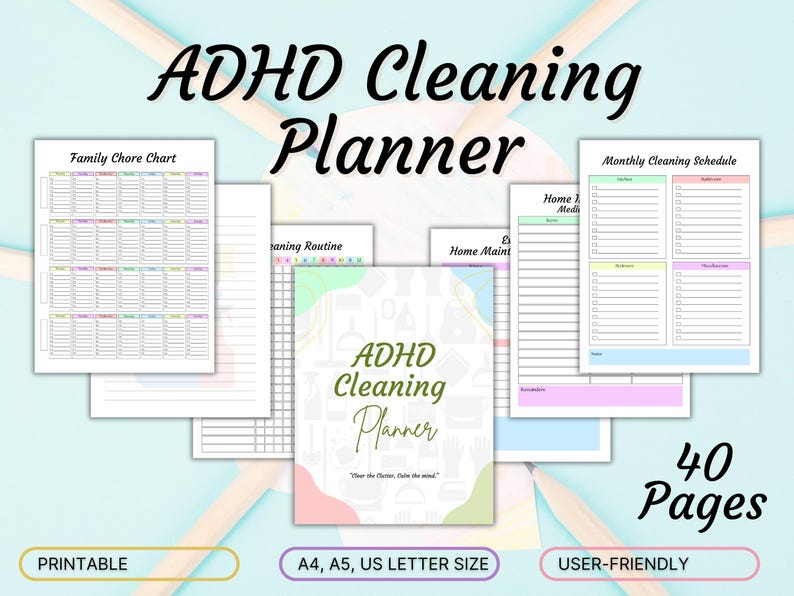 Printable ADHD Cleaning Planner, Family Household Cleaning Schedule