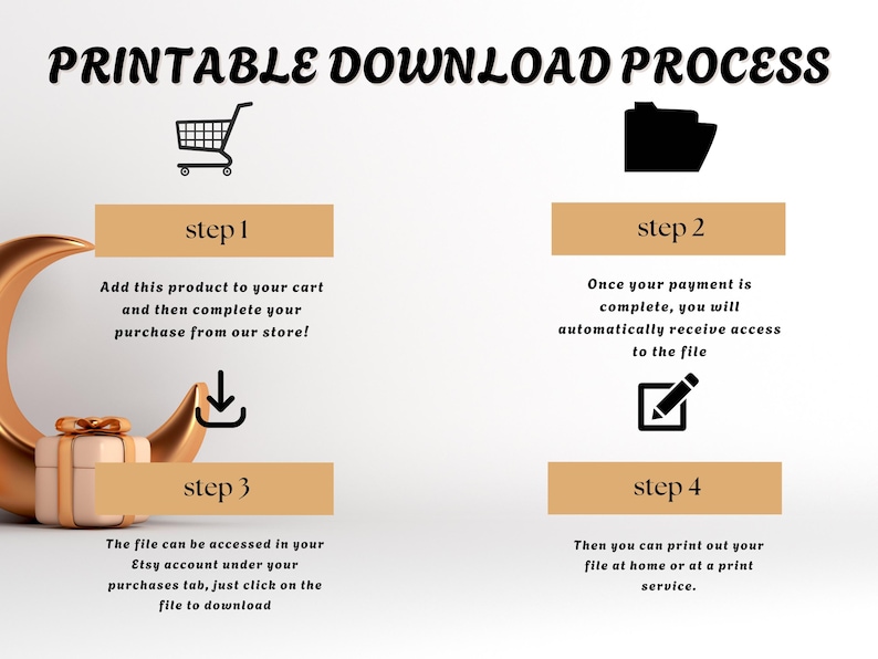 May include: A four-step guide on how to download a printable file. The steps are illustrated with icons: a shopping cart, a folder, a download arrow, and a pencil. The text describes the process of adding the product to the cart, completing the purchase, accessing the file, and printing it.