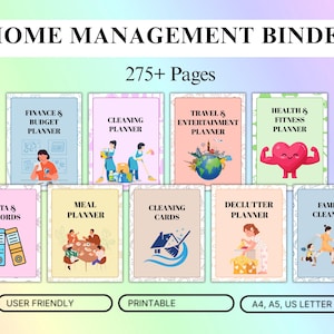 May include: A home management binder with colorful covers, featuring titles like "Finance & Budget Planner," "Cleaning Planner," and "Travel & Entertainment Planner." The image includes the text "275+ Pages," "User Friendly," and "Printable."