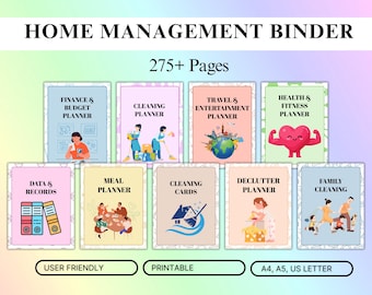 Home Management Binder Printable | 275+ Page Household Organizer | Family Planner Budget Cleaning Meal Planner | A4 A5 US Letter