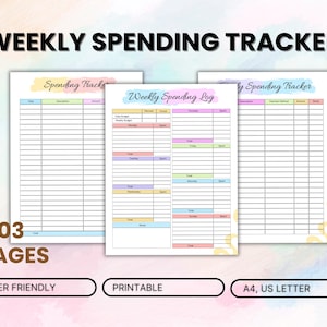 May include: Three printable weekly spending tracker pages with colorful pastel accents. The pages include sections for dates, descriptions, amounts, and payment methods. The image also includes the text "Weekly Spending Tracker", "03 PAGES", "USER FRIENDLY", "PRINTABLE", and "A4, US LETTER".