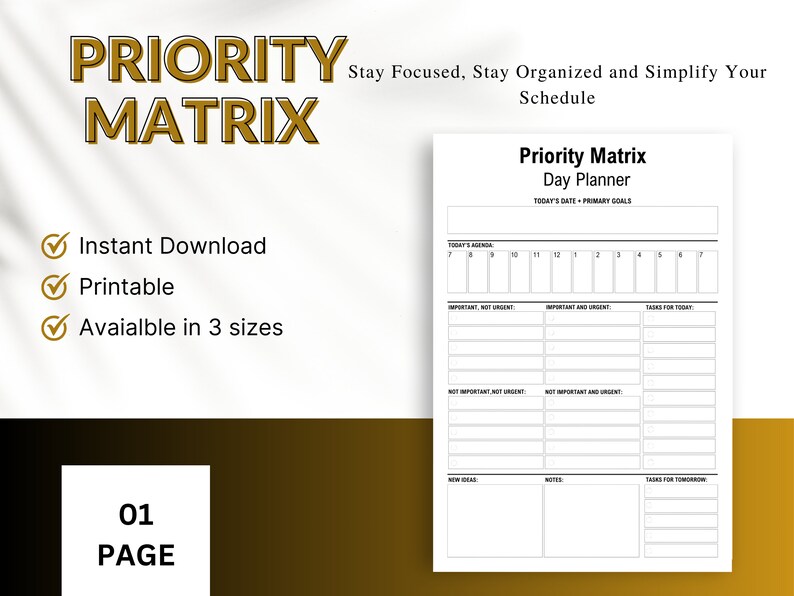 Priority Matrix Printable, Decision Matrix, Eisenhower Matrix, Task ...