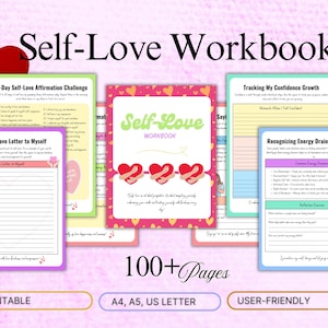 May include: A pink and green self-love workbook with the title "Self-Love Workbook" and the text "100+ Pages". The workbook includes pages for a 30-day self-love affirmation challenge, writing a love letter to yourself, tracking confidence growth, and recognising energy drainers in your life.