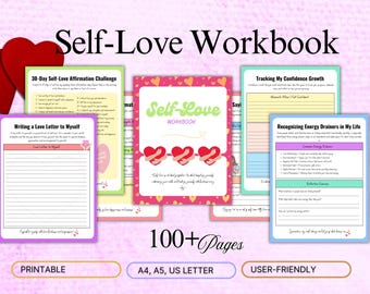 Puede incluir: Un cuaderno de trabajo de amor propio rosa y verde con el título "Self-Love Workbook" y el texto "100+ Pages". El cuaderno incluye páginas para un desafío de afirmación de amor propio de 30 días, escribir una carta de amor a ti mismo, hacer un seguimiento del crecimiento de la confianza en ti mismo y reconocer los drenajes de energía en tu vida.