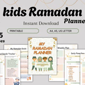 May include: A printable Ramadan planner for kids with 65 pages. The planner features a colorful cover with a title that reads "My Ramadan Planner". The planner includes sections for tracking good deeds, daily plans, weekly plans, and a dhikr tracker.