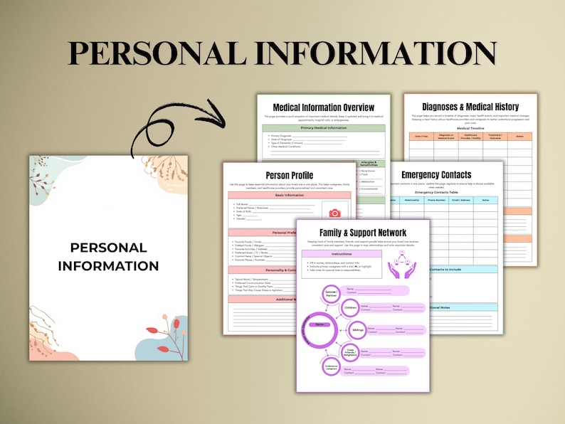 May include: A collection of printable personal information sheets, including medical history, emergency contacts, and family support network templates. The title "PERSONAL INFORMATION" is displayed in large, bold text at the top and on a separate sheet with floral accents.