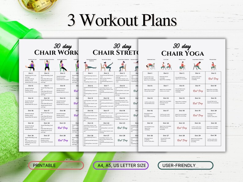 May include: Three printable workout plans for a 30-day chair workout, chair stretch, and chair yoga routine. Each plan includes a grid with daily exercises and rest days.