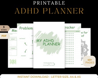 May include: Printable ADHD planner with a green and white color scheme. The planner includes sections for problem solving, meal planning, and a daily tracker. The text "My ADHD Planner" is featured on the cover.