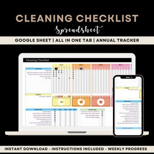 Spreadsheetsjabloon schoonmaakchecklist voor Google Spreadsheets, schoonmaakschema, opruimen, wekelijkse schoonmaakplanner, lijst met huishoudelijke taken