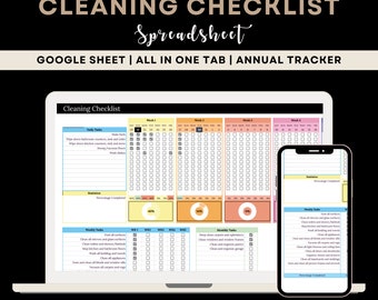 Cleaning Checklist Spreadsheet Template for Google Sheets, Cleaning Schedule, Declutter, Weekly Yearly Cleaning Planner, House Chore List