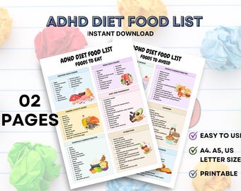 Könnte beinhalten: Eine zweiseitige, druckbare Checkliste für eine ADHD-Diät. Die erste Seite listet Lebensmittel auf, die man essen sollte, kategorisiert nach Proteinen, Omega-3-Fettsäuren und komplexen Kohlenhydraten. Die zweite Seite listet Lebensmittel auf, die man vermeiden sollte, kategorisiert nach einfachen Kohlenhydraten, Koffein und anderen Lebensmitteln. Die Checkliste ist mit "ADHD-Diät-Lebensmittel-Liste" und "Lebensmittel zum Essen" und "Lebensmittel zu vermeiden" beschriftet.