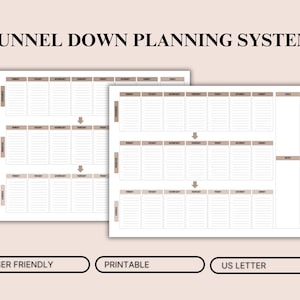 May include: A Funnel Down Planning System printable planner page with the text FUNNEL DOWN PLANNING SYSTEM, USER FRIENDLY, PRINTABLE, and US LETTER. The layout features three horizontal rows of weekly columns with arrows and a notes section.