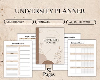 Puede incluir: Un planificador universitario con una cubierta beige y diseño floral, con el texto "UNIVERSITY PLANNER". La imagen incluye páginas imprimibles para la planificación semanal y semestral, fechas de entrega de proyectos y una lista de embalaje. El planificador está disponible en tamaños A4, A5 y US Letter.