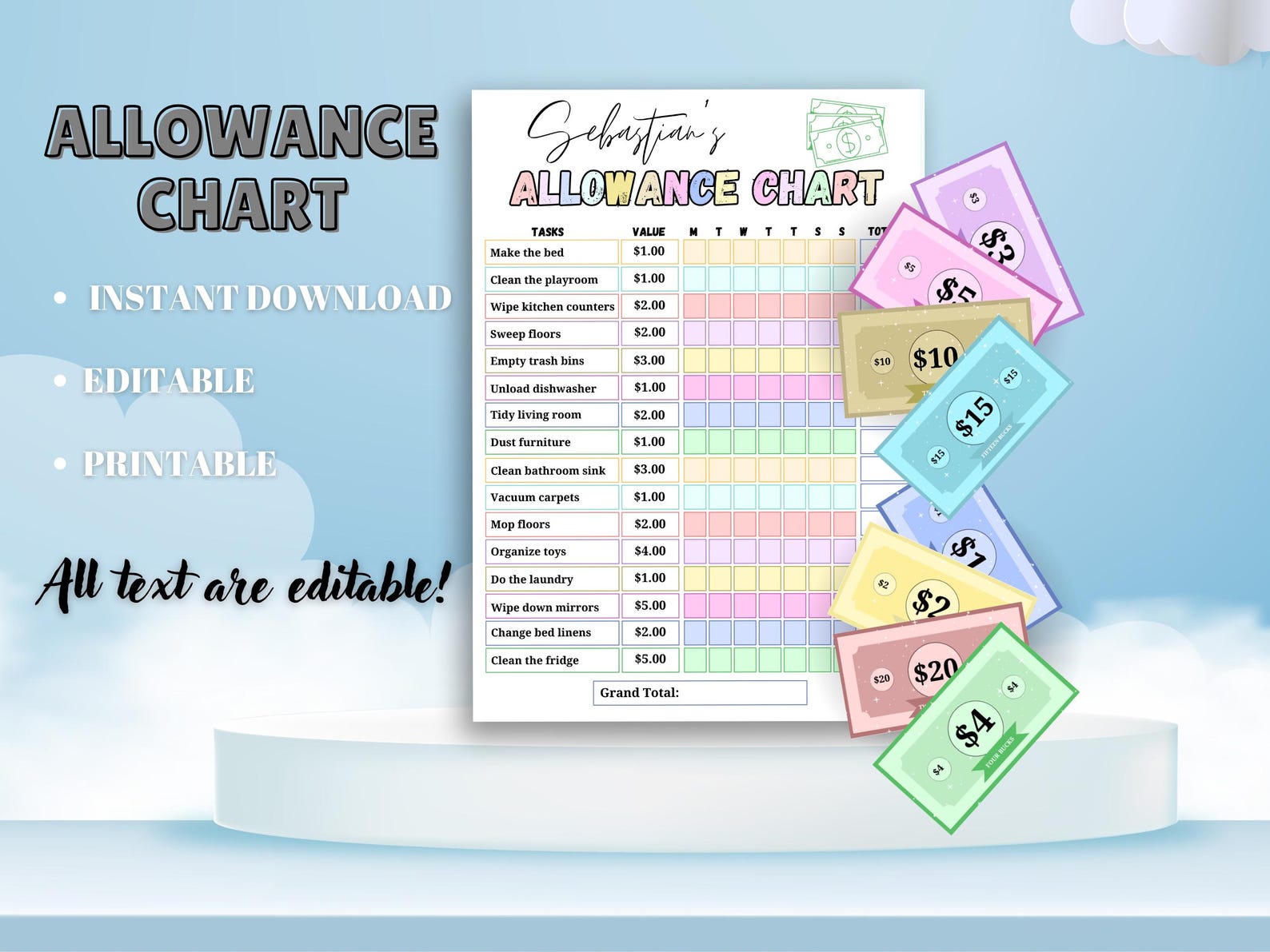 Allowance Chore Chart for Kids, Editable How to Earn Money Chore Chart ...