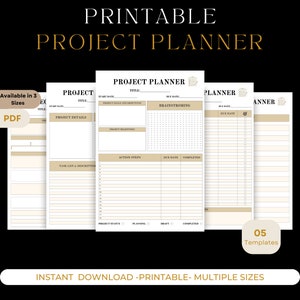 May include: Printable project planner template with five different sections, including project details, brainstorming, task list, action steps, and project status. The template is available in three sizes and is a PDF download.