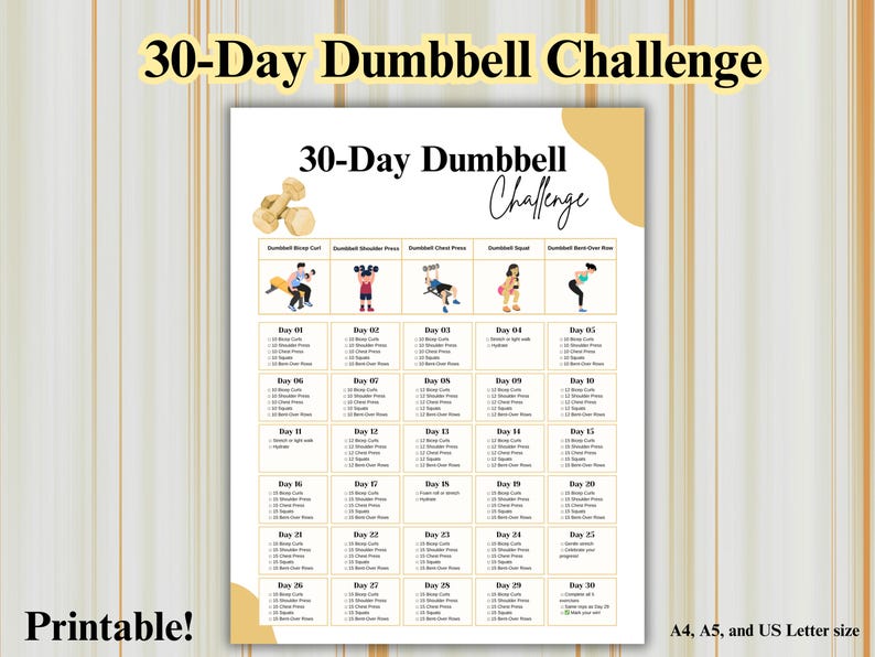 30 Day Dumbbell Challenge | Dumbbell Fitness Printable | Workout ...