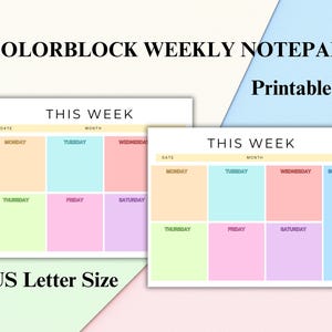 Peut inclure: Bloc-notes hebdomadaire Colorblock aux couleurs pastel. Il est intitulé "This Week" et comporte des espaces pour chaque jour de la semaine. Le texte "Printable" et "US Letter Size" sont également visibles.
