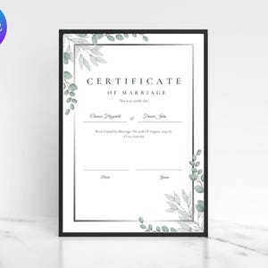 Greenery Wedding Certificate Template: Editable Vow Keepsake (Instant Download)