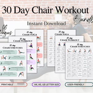 Pack de 30 jours d'entraînement sur chaise à imprimer, guide de yoga sur chaise, guide d'exercices complets du corps, défi entraînement sur chaise, entraînement corporel d'été