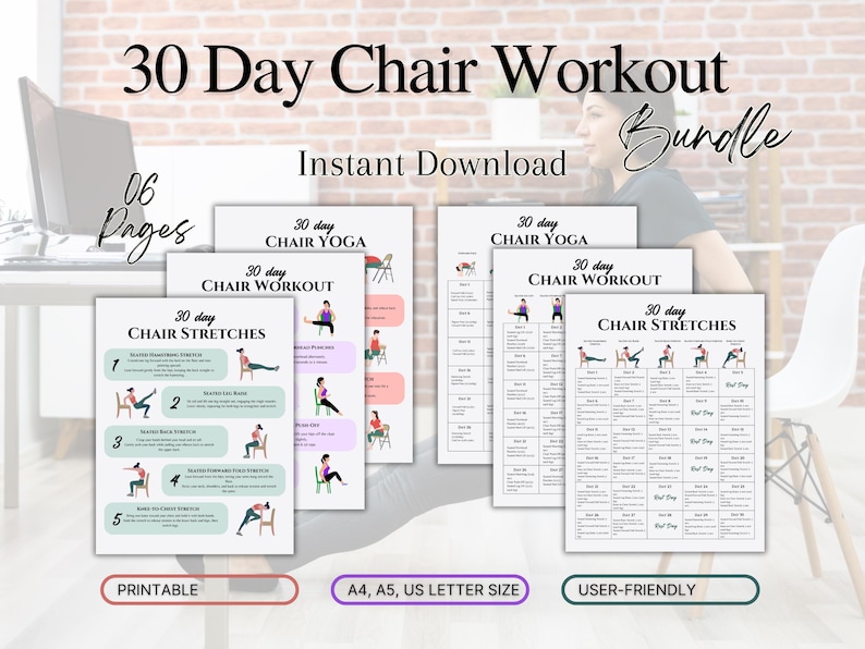 Printable 30-Day Chair Workout Bundle with seated exercises for all fitness levels. Includes A4, A5, and US Letter sizes, perfect for tracking progress and staying active. Ideal for seniors, beginners, or gentle fitness routines.