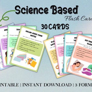May include: A set of 30 printable flash cards with science-based tips for improving focus, sleep, and emotional regulation. The cards feature colorful illustrations and text, such as "Color-Code Your Notes", "Plan With Visuals", "Reward Yourself", and "Get Enough Sleep".