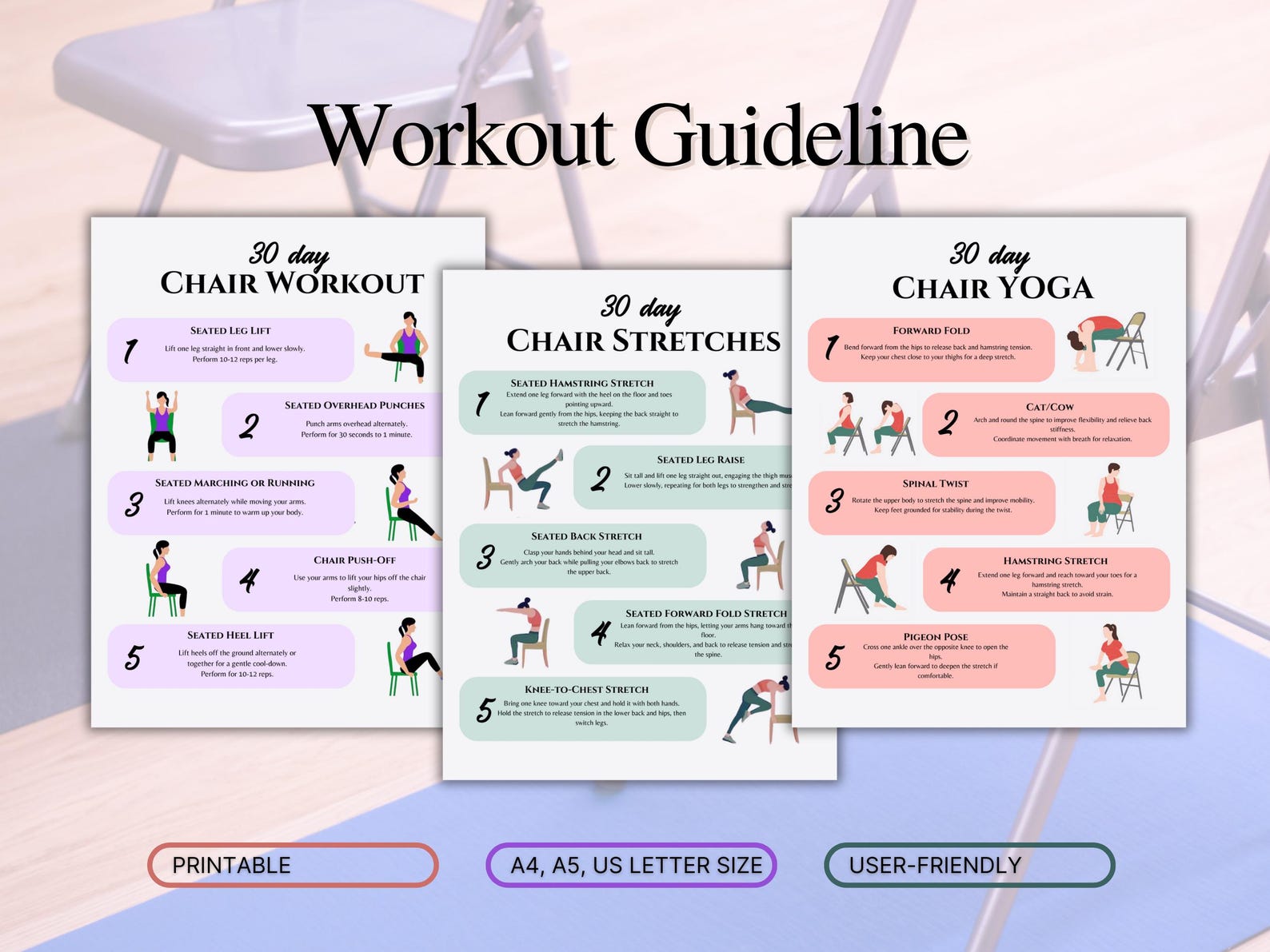 30 Day Chair Workout Bundle Printable, Chair Yoga Guide, Full Body ...